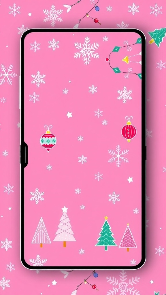 Pink Christmas wallpaper for MacBook with snowflakes, ornaments, and Christmas trees.